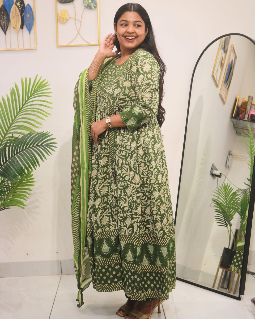 Olive Green Handblock Anarkali Set