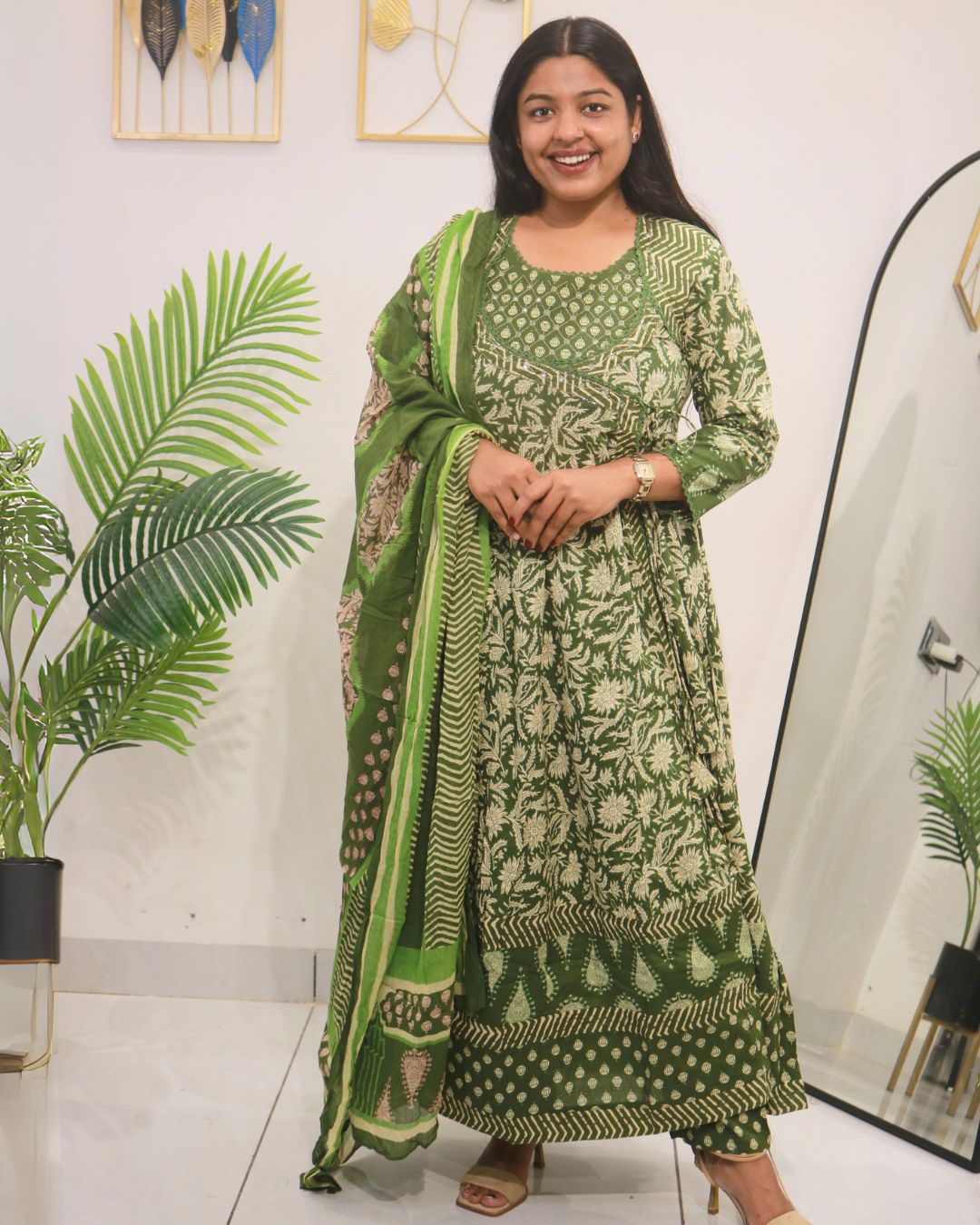 Olive Green Handblock Anarkali Set