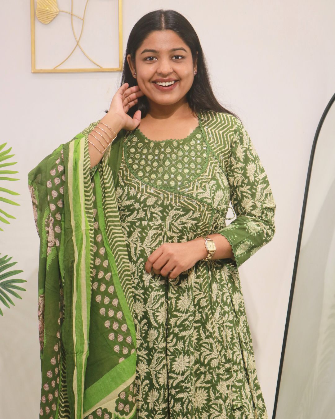 Olive Green Handblock Anarkali Set