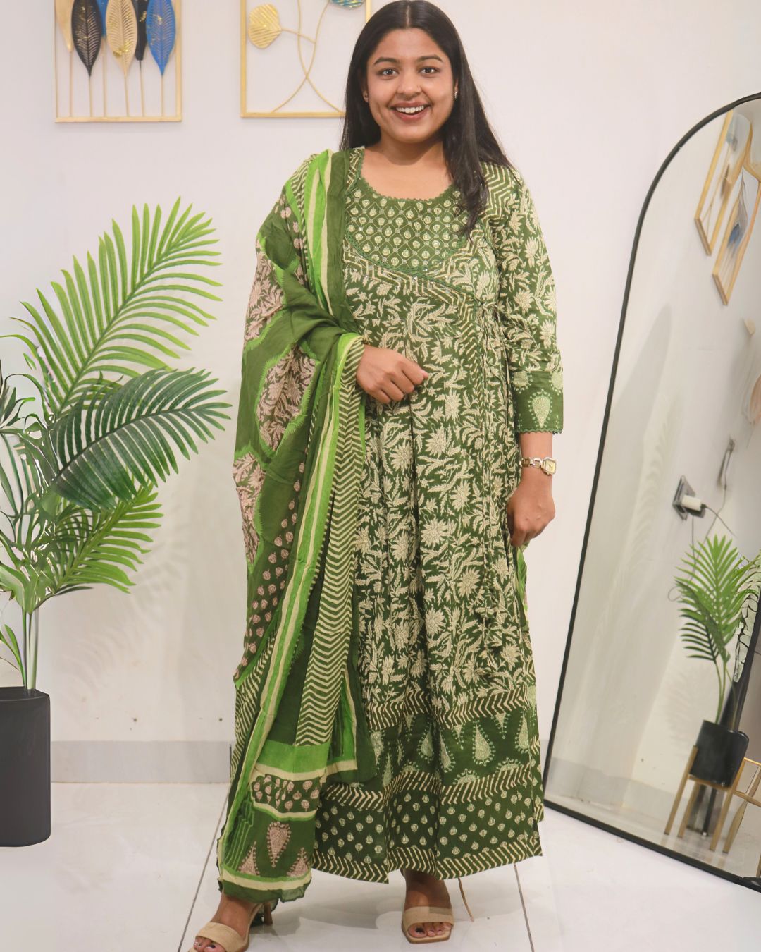 Olive Green Handblock Anarkali Set