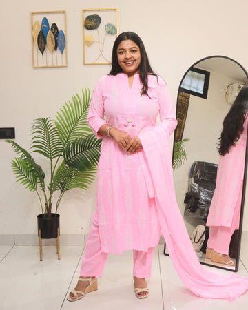Pastel Pink Cotton Kurta Set with Dupatta