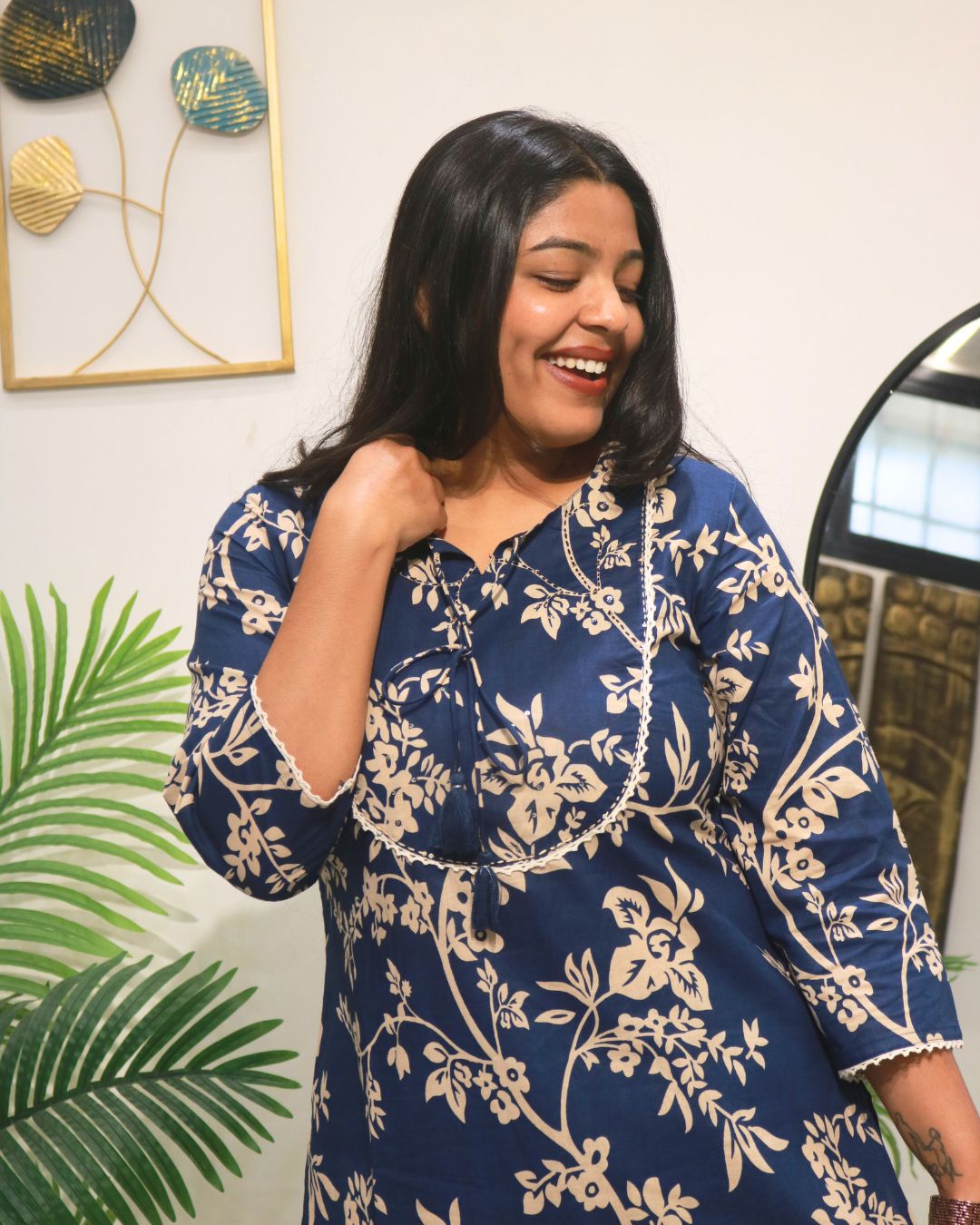 Navy Floral Handblock Cotton Kurta Set with Dupatta
