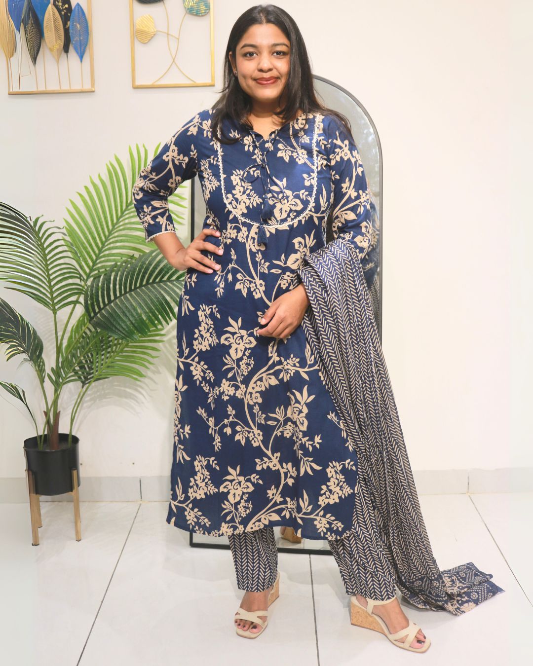 Navy Floral Handblock Cotton Kurta Set with Dupatta