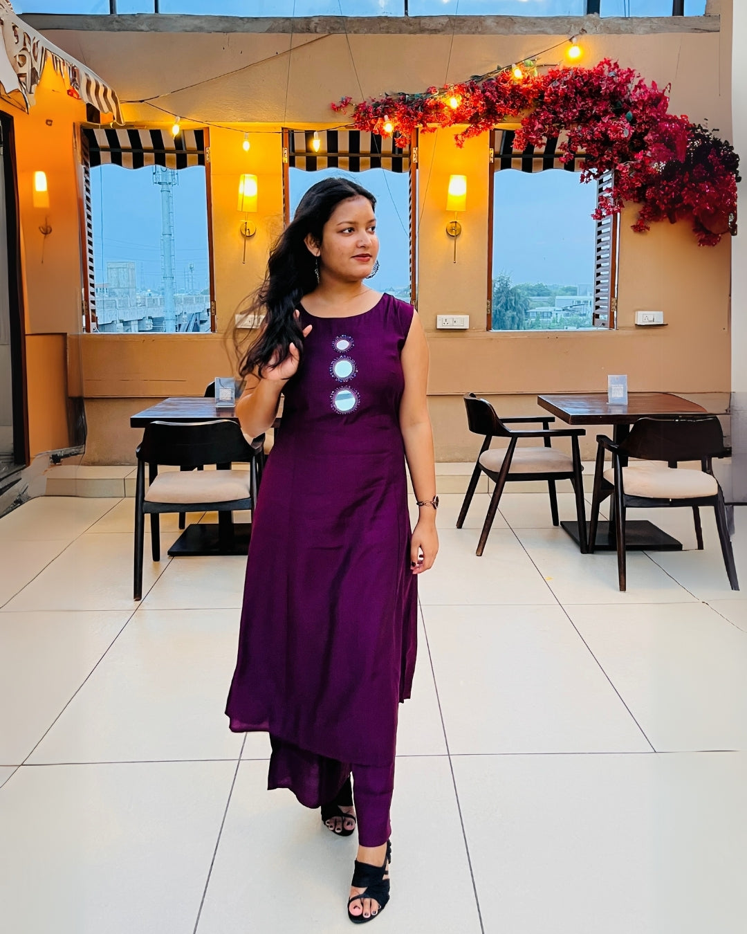 Plum Mirror Work Co-ord Set with Pockets