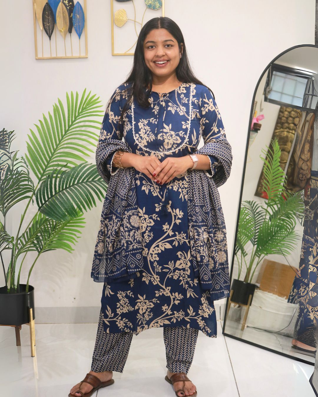 Navy Floral Handblock Cotton Kurta Set with Dupatta