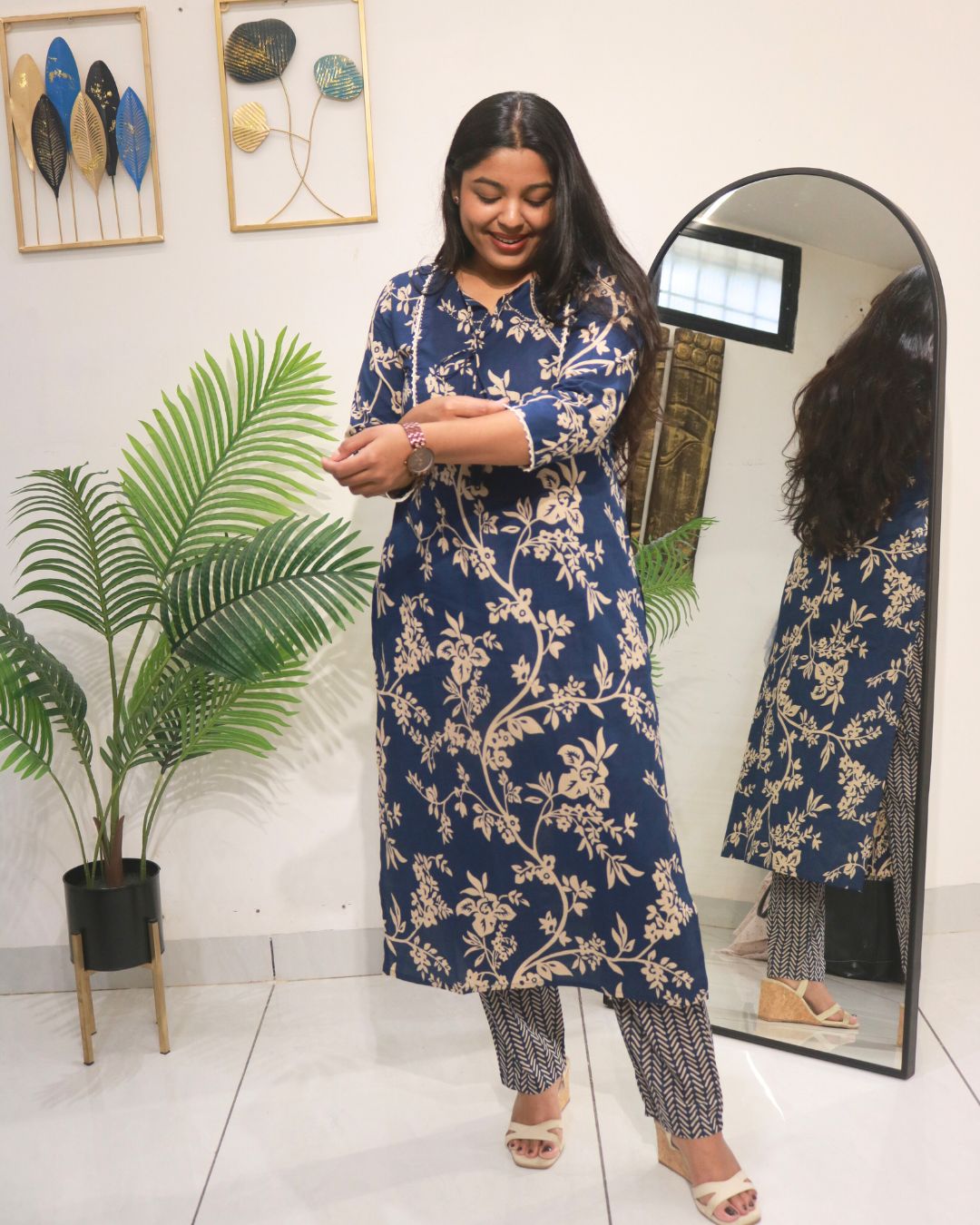 Navy Floral Handblock Cotton Kurta Set with Dupatta