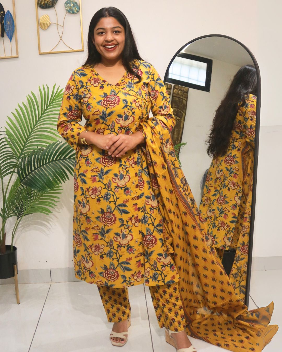 Mustard Yellow Floral Print Cotton Kurta Set with Dupatta