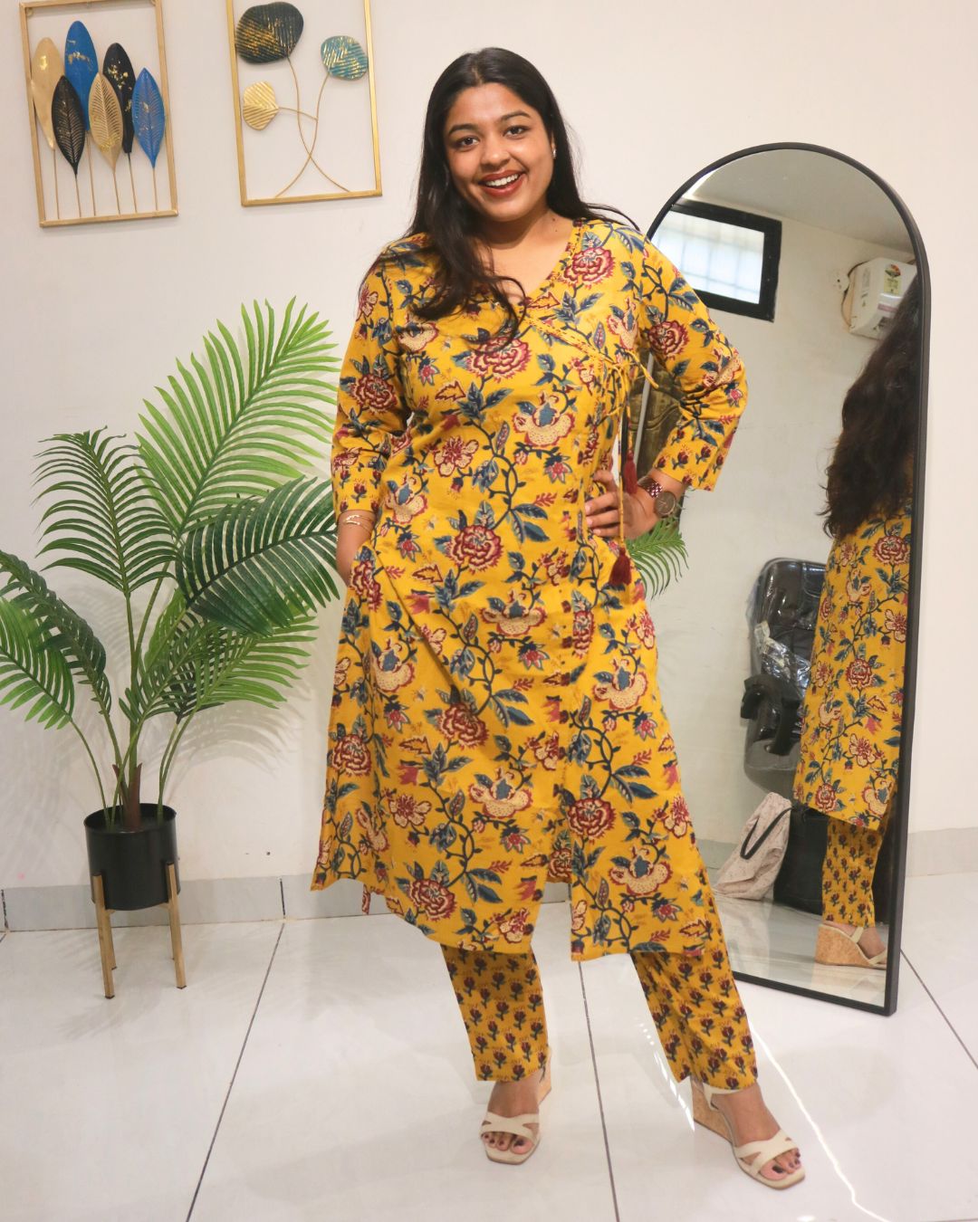 Mustard Yellow Floral Print Cotton Kurta Set with Dupatta