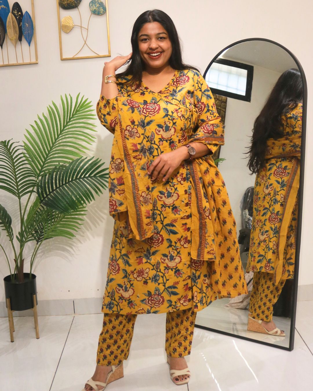 Mustard Yellow Floral Print Cotton Kurta Set with Dupatta