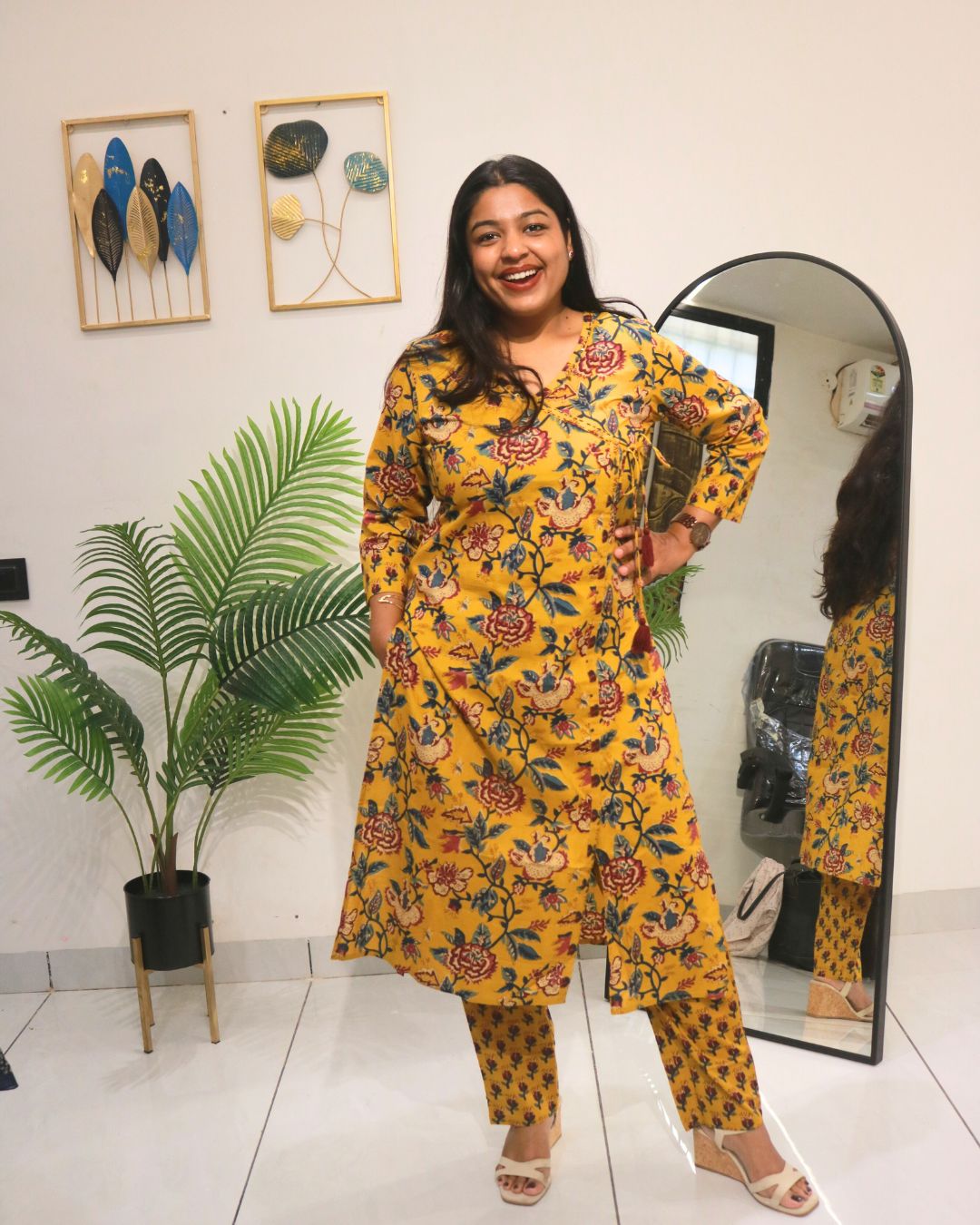 Mustard Yellow Floral Print Cotton Kurta Set with Dupatta