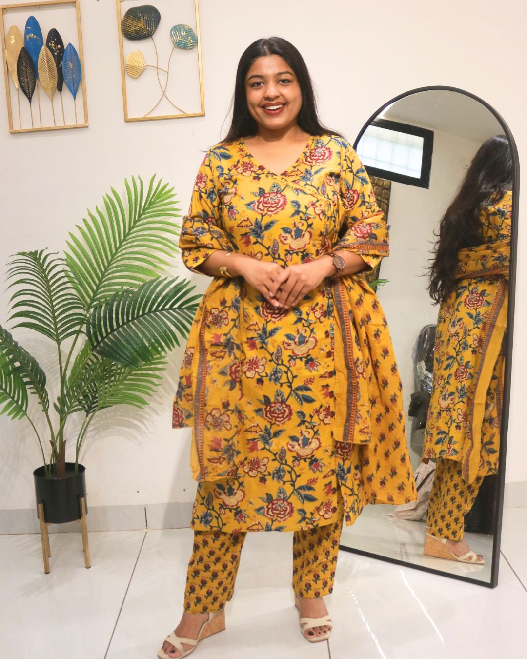 Mustard Yellow Floral Print Cotton Kurta Set with Dupatta