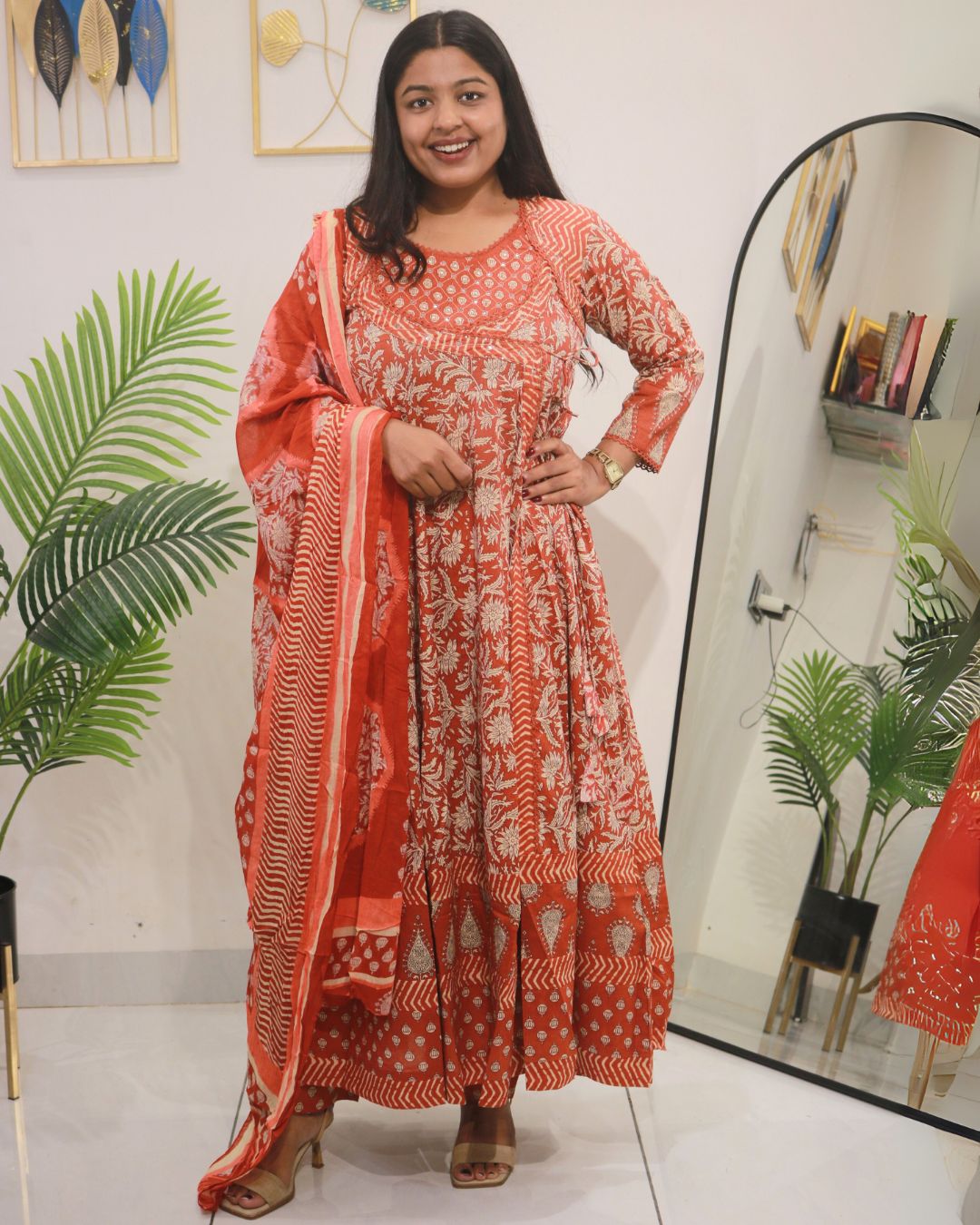 Rust Orange Handblock Cotton Anarkali Set with Dupatta