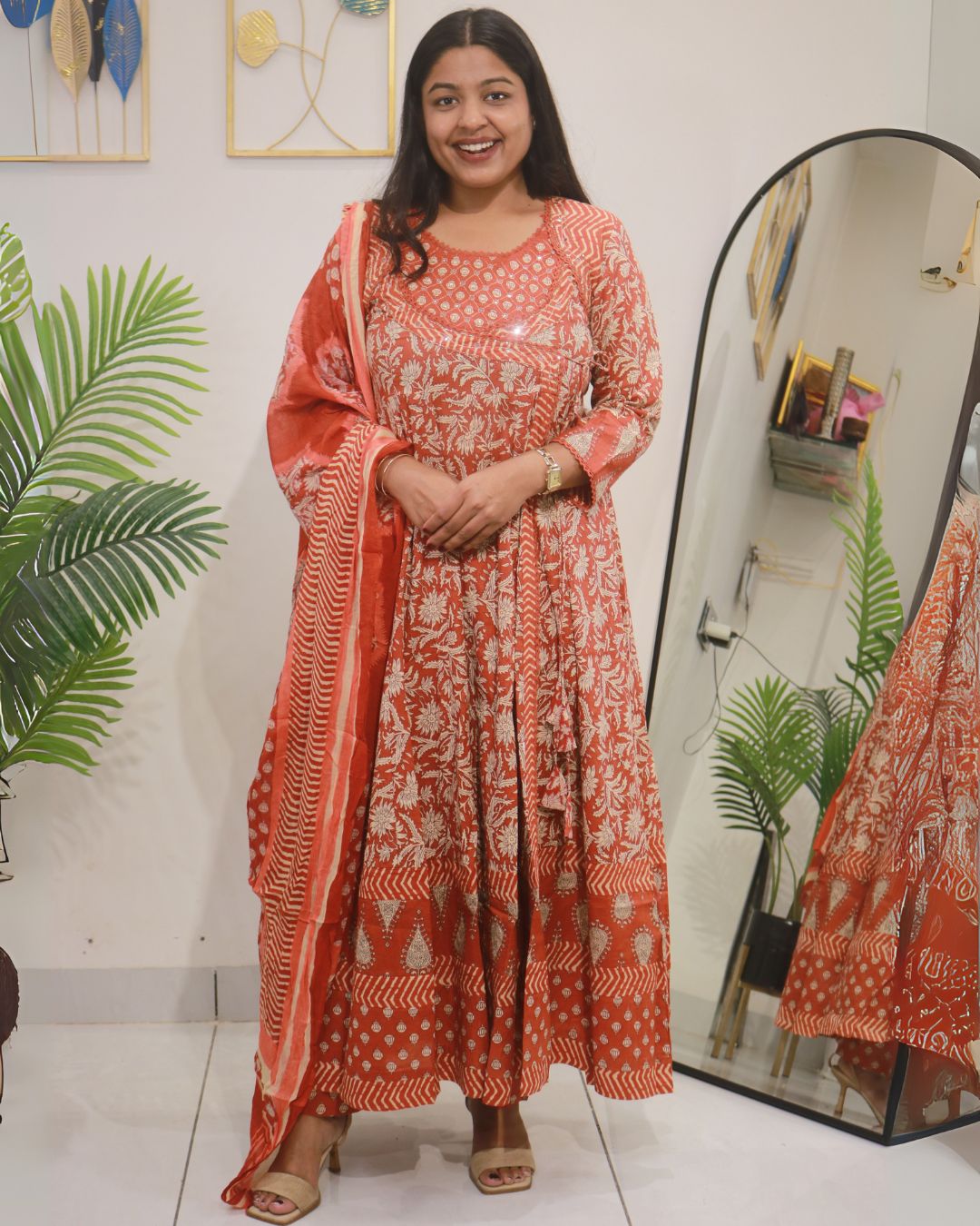 Rust Orange Handblock Cotton Anarkali Set with Dupatta