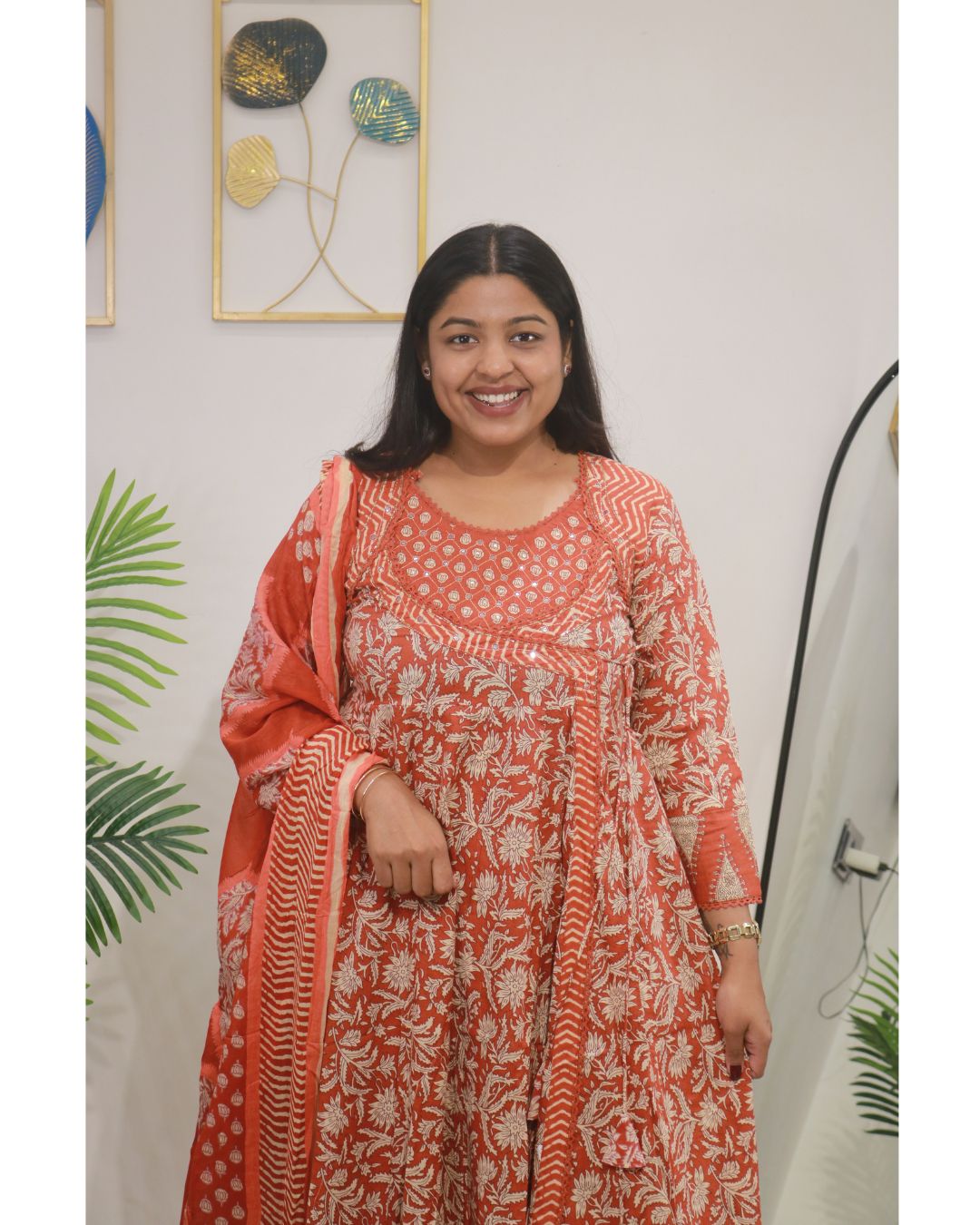Rust Orange Handblock Cotton Anarkali Set with Dupatta