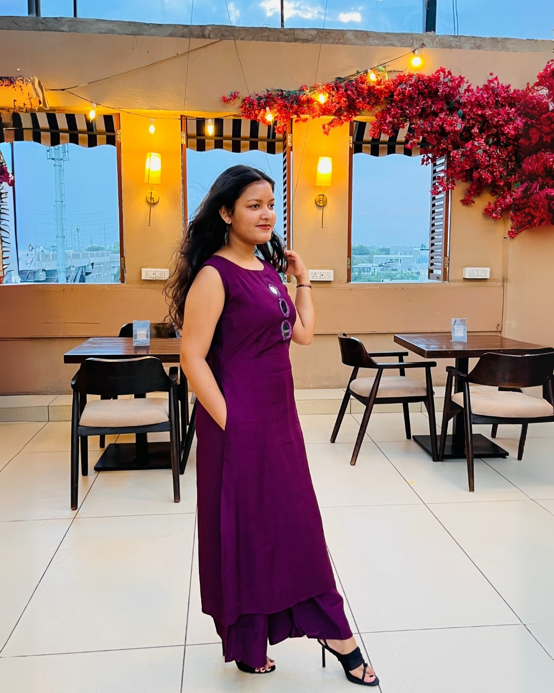 Plum Mirror Work Co-ord Set with Pockets