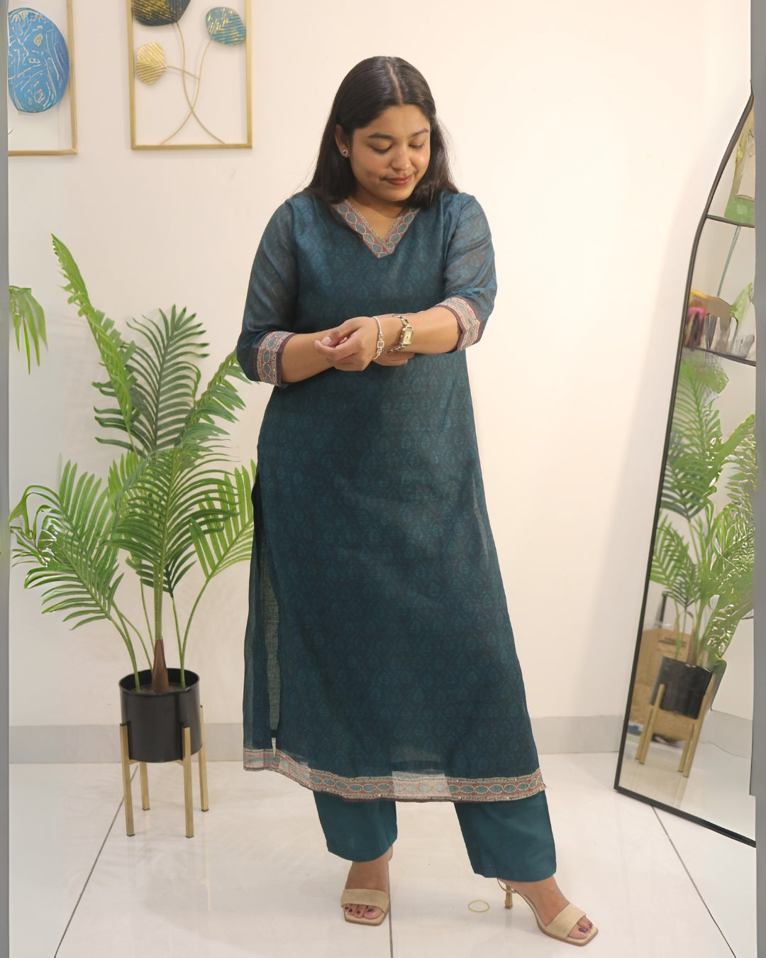 Teal Heritage Thread Work Kurta Set