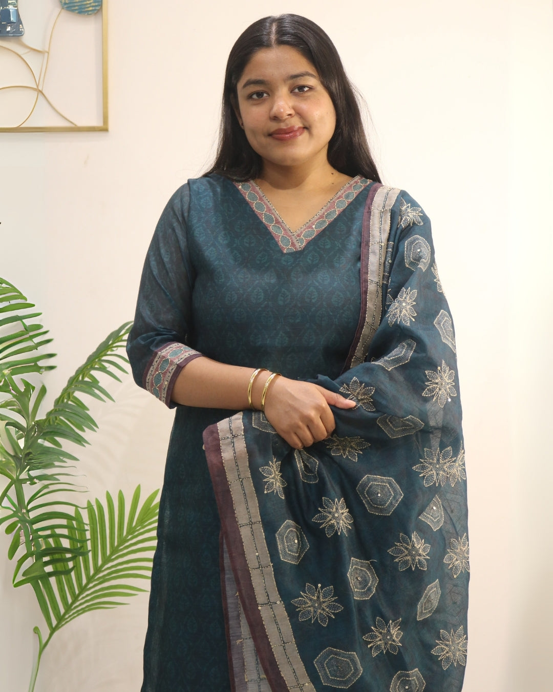 Teal Heritage Thread Work Kurta Set