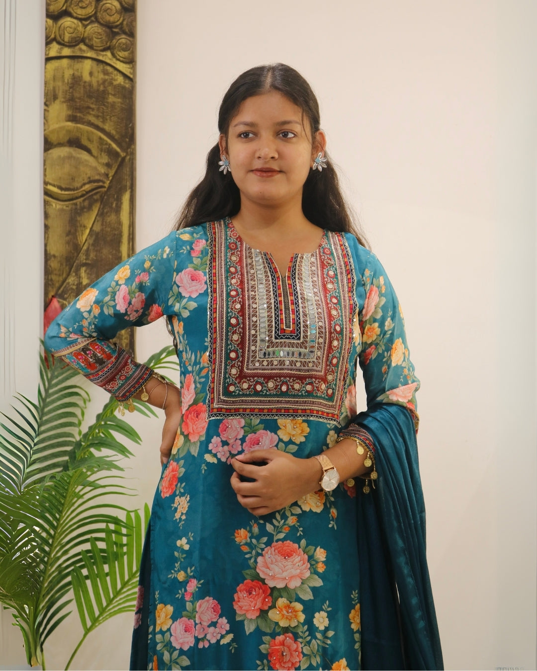Teal Floral Digital Print Kurta Set with Dupatta