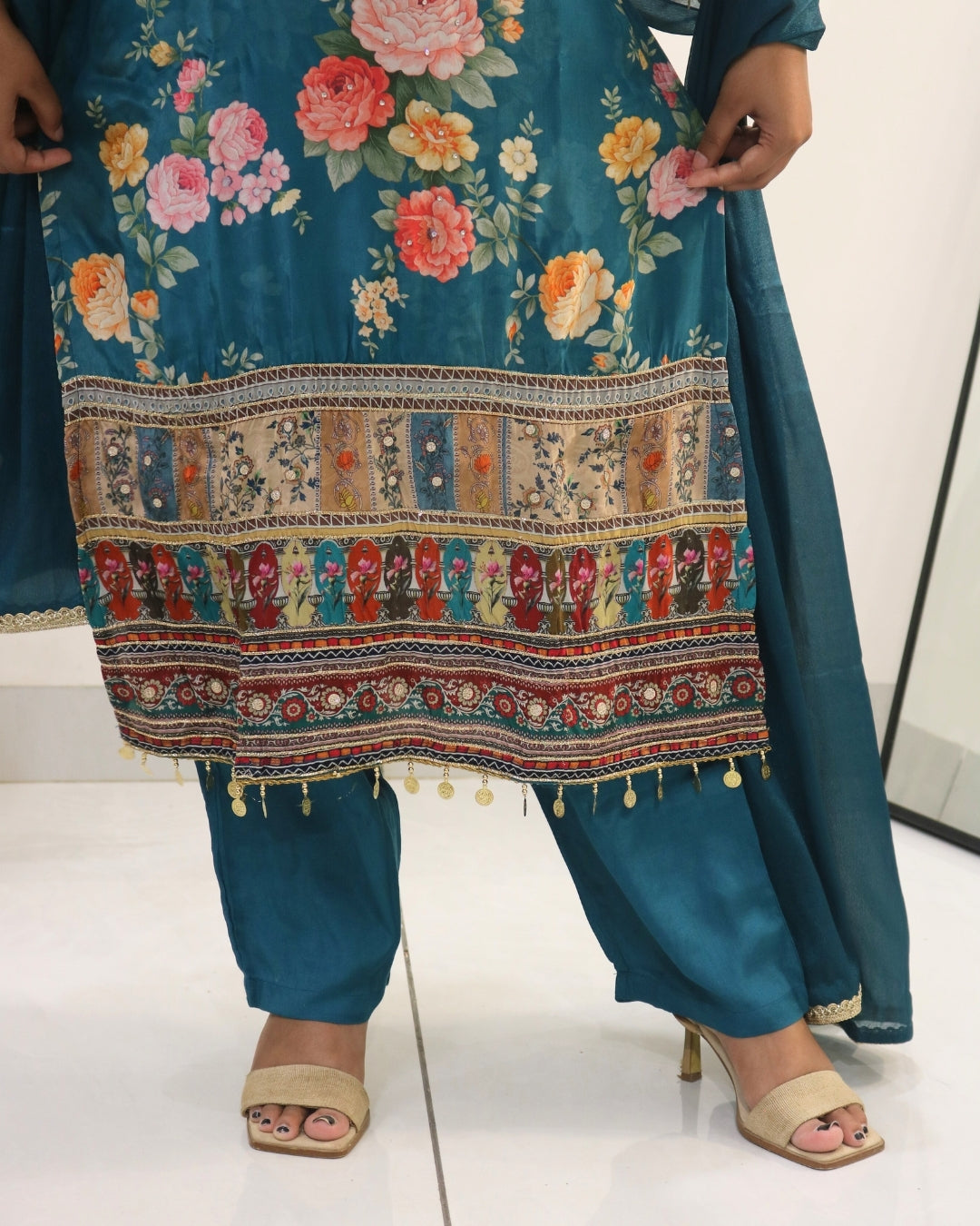 Teal Floral Digital Print Kurta Set with Dupatta