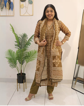 Mustard Yellow Cotton Thread Work Kurta Set