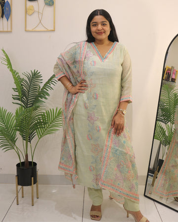 Mint Muse Linen Thread Work Kurta Set