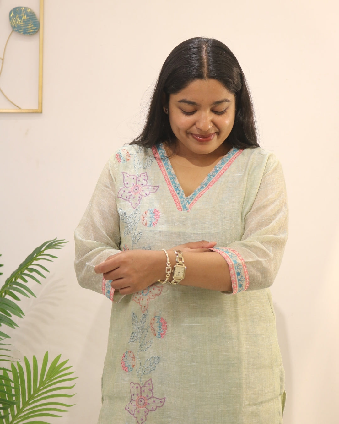 Mint Muse Linen Thread Work Kurta Set
