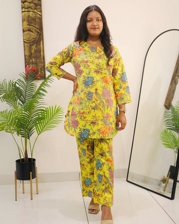 Lemon Cotton Co-ord Set with Tropical Bird Print