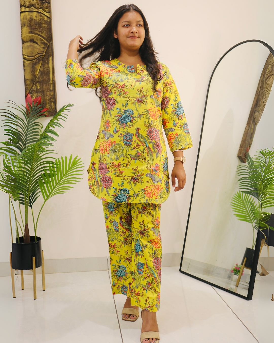 Lemon Cotton Co-ord Set with Tropical Bird Print