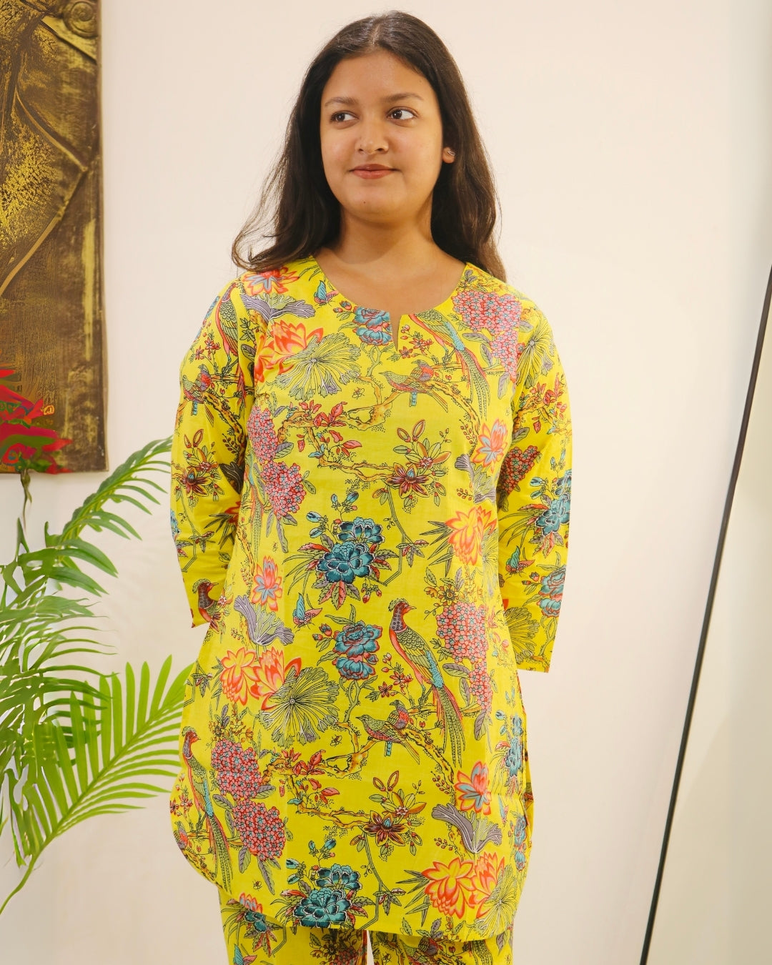 Lemon Cotton Co-ord Set with Tropical Bird Print