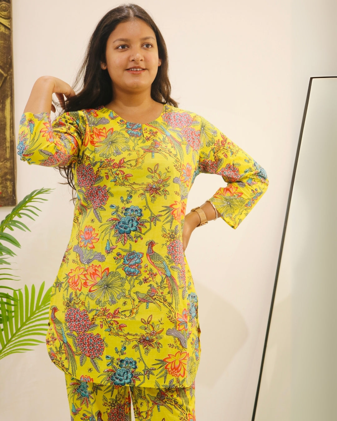 Lemon Cotton Co-ord Set with Tropical Bird Print