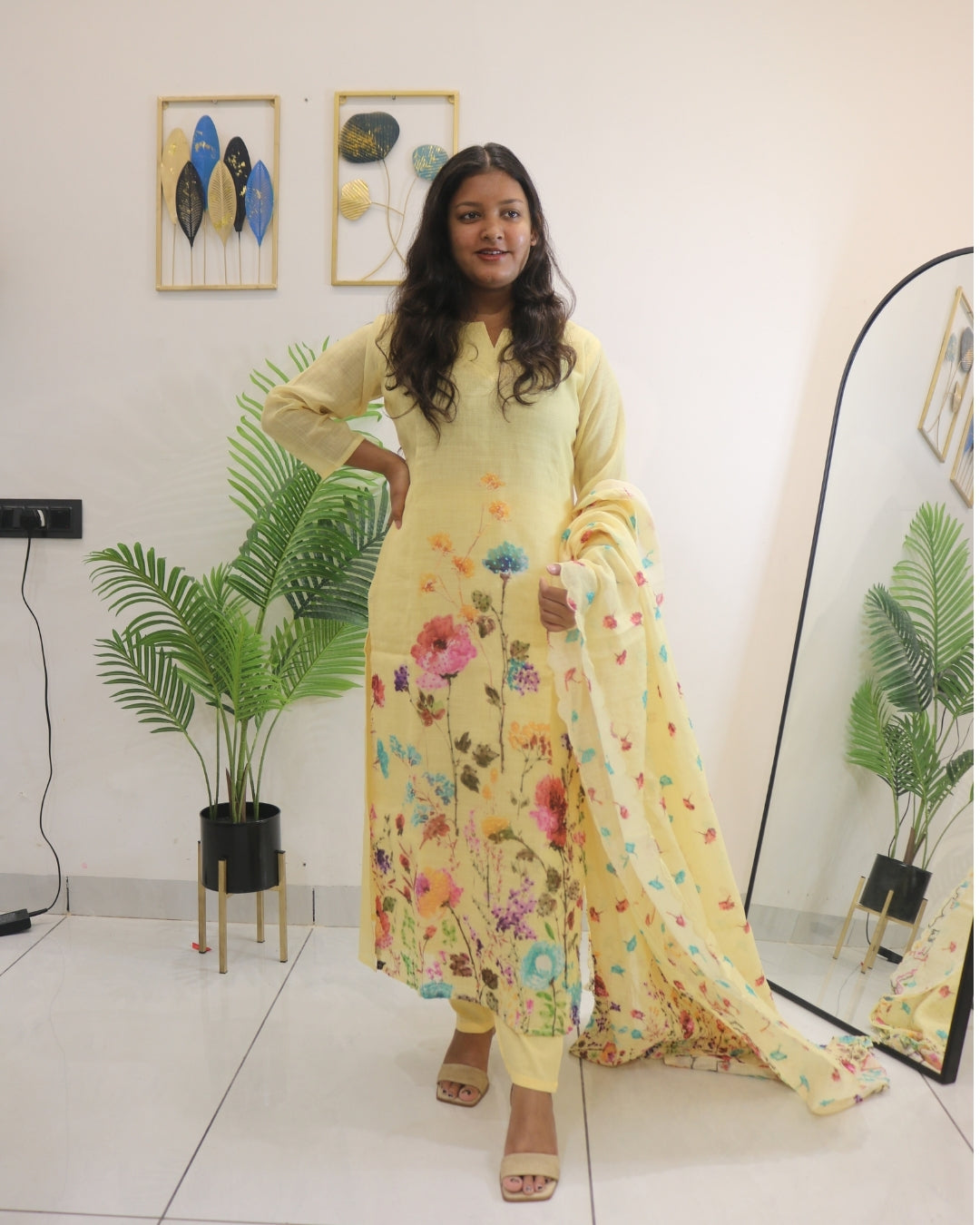 Butter Yellow Thread Work Kurta Set