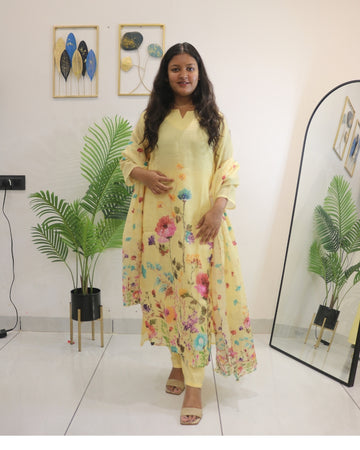 Butter Yellow Thread Work Kurta Set