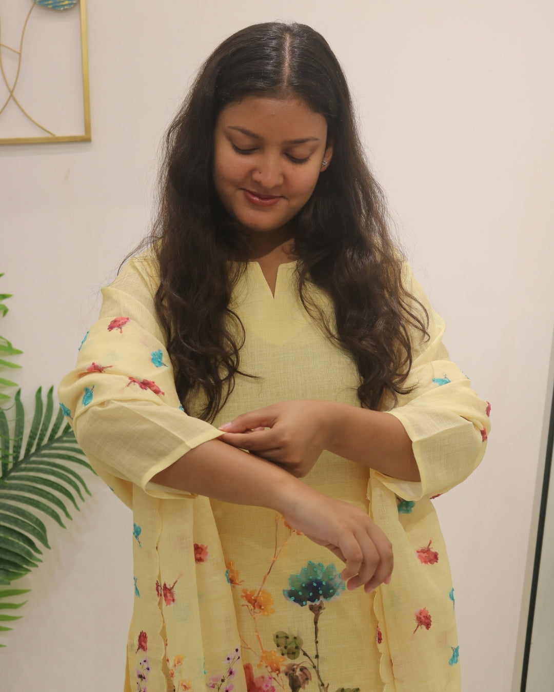 Butter Yellow Thread Work Kurta Set