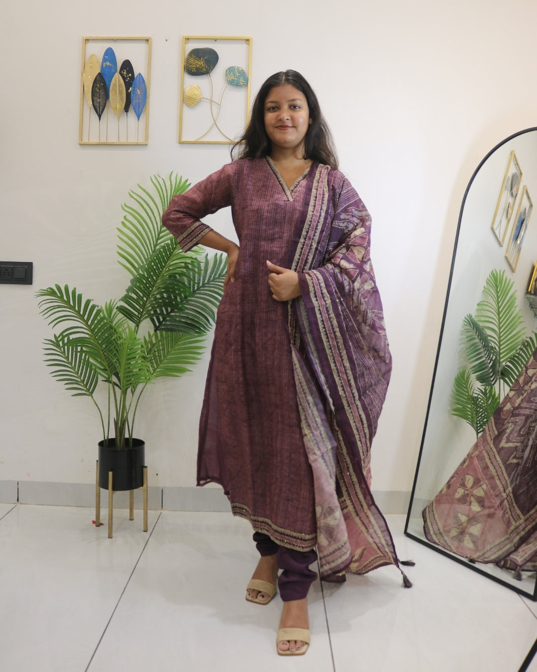 Wine Linen Thread Kurta Set