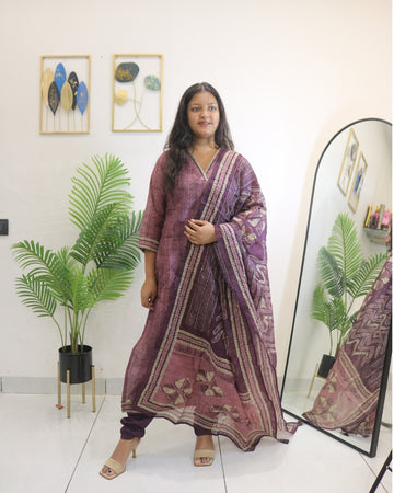 Wine Linen Thread Kurta Set