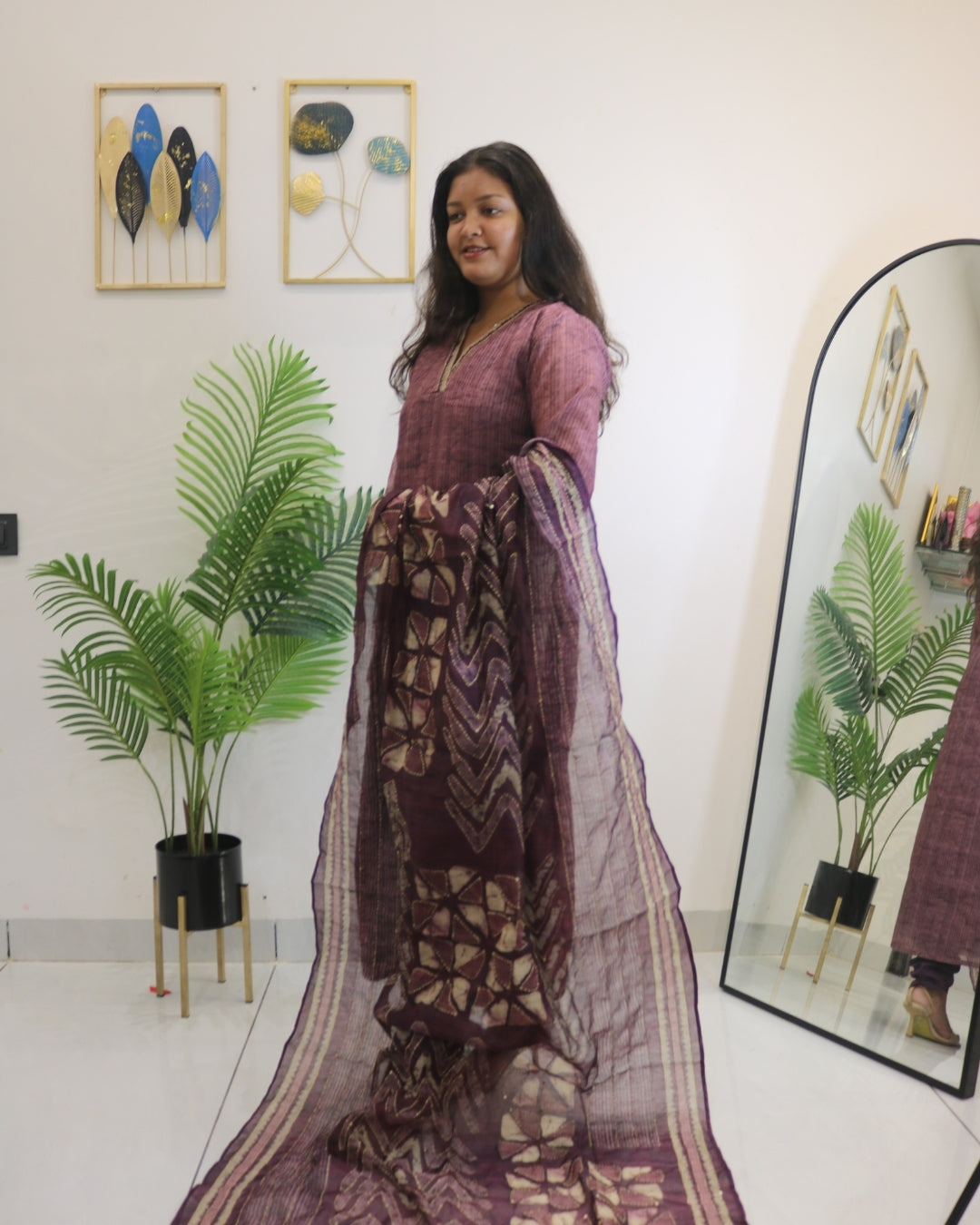 Wine Linen Thread Kurta Set