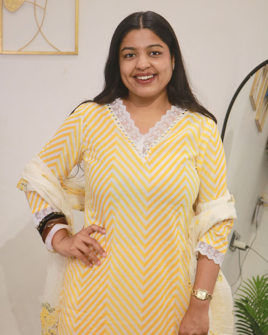 Yellow Lahariya Cotton Kurta Set with Floral Dupatta