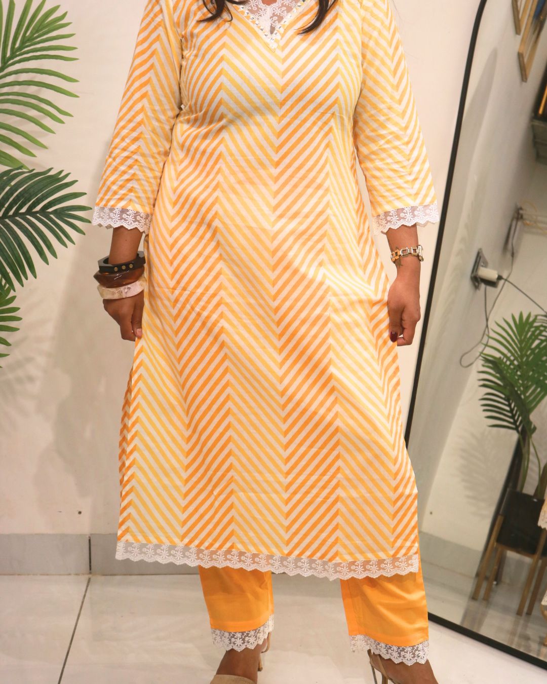 Yellow Lahariya Cotton Kurta Set with Floral Dupatta