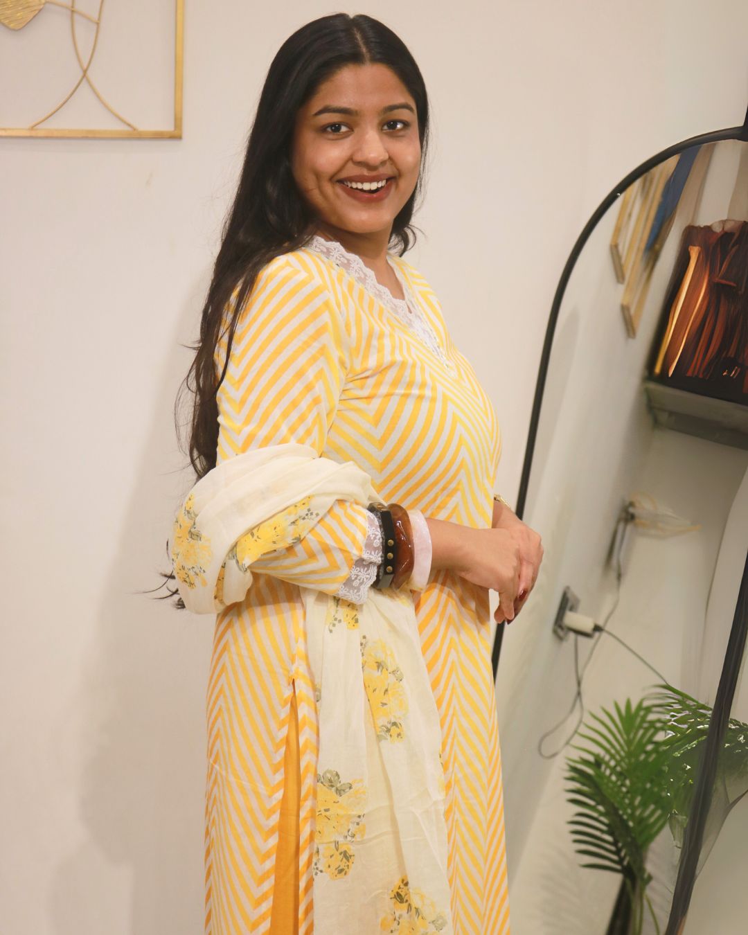 Yellow Lahariya Cotton Kurta Set with Floral Dupatta