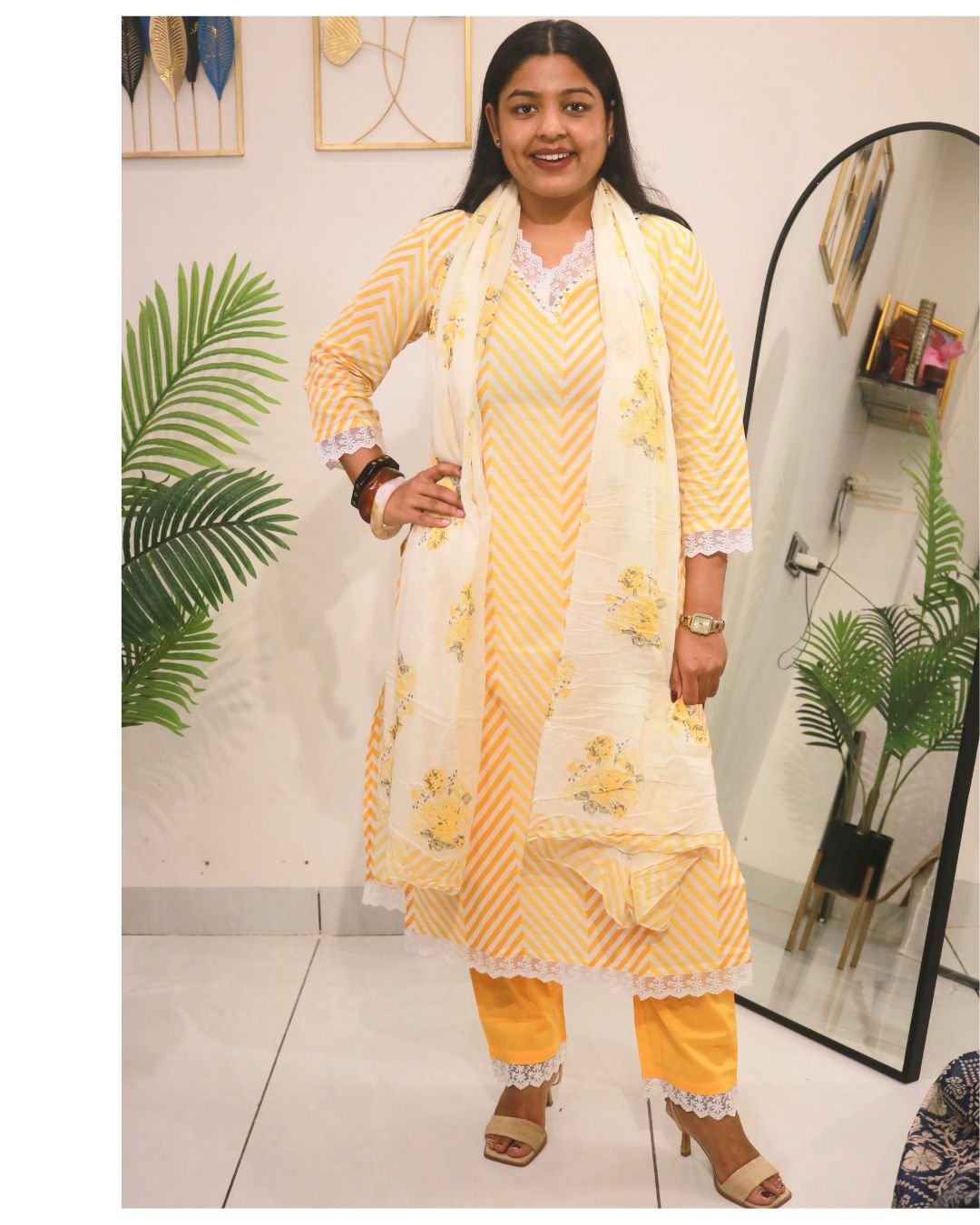 Yellow Lahariya Cotton Kurta Set with Floral Dupatta
