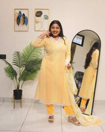 Yellow Lahariya Cotton Kurta Set with Floral Dupatta