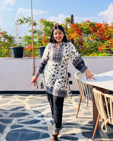 Floral Pakistani Co-ord Set (Black & White)