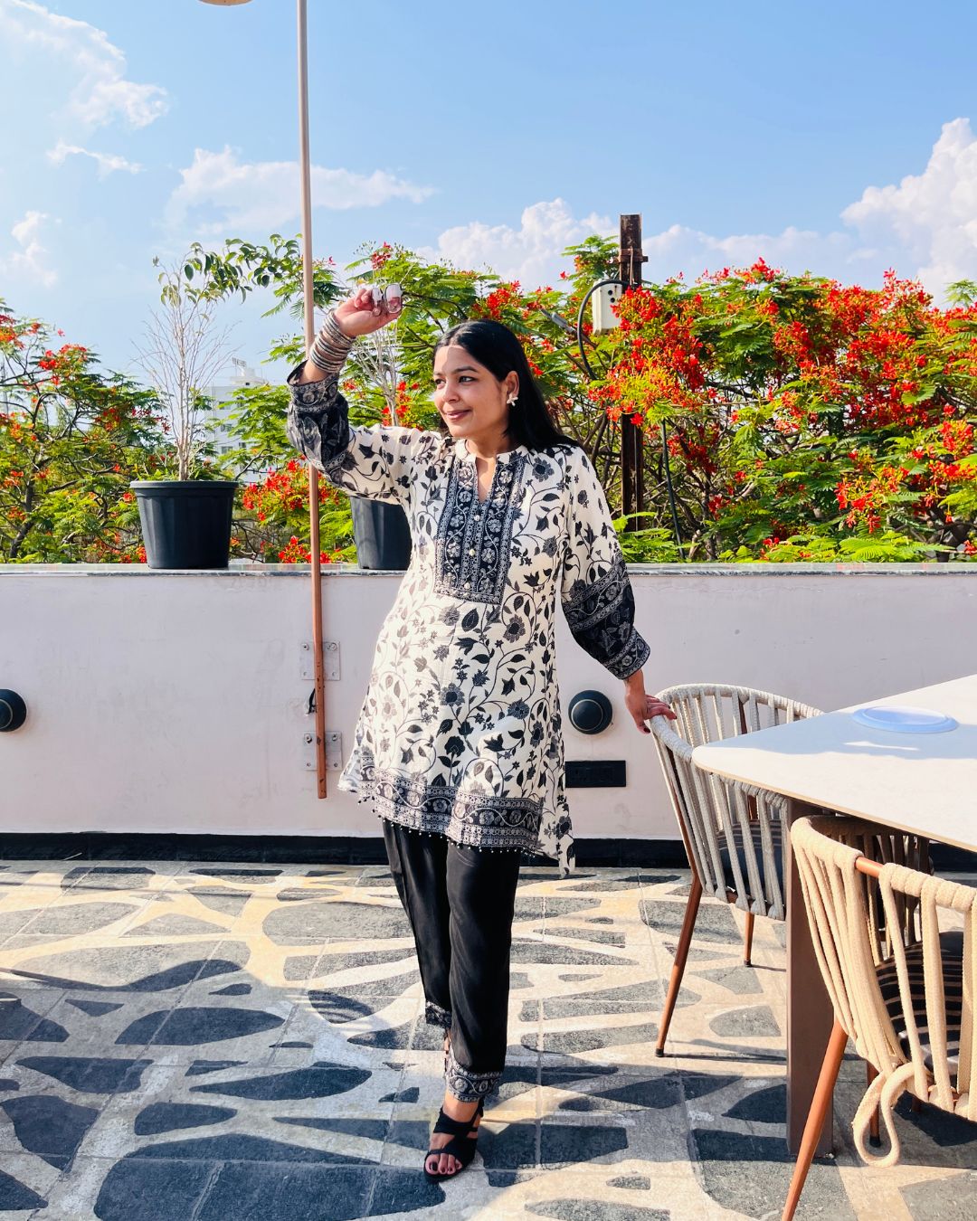 Floral Pakistani Co-ord Set (Black & White)