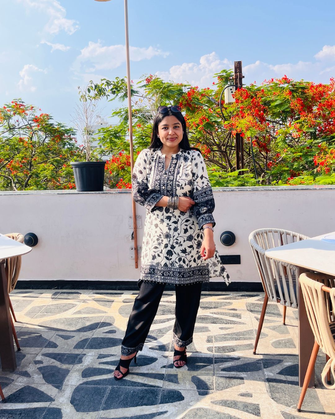 Floral Pakistani Co-ord Set (Black & White)