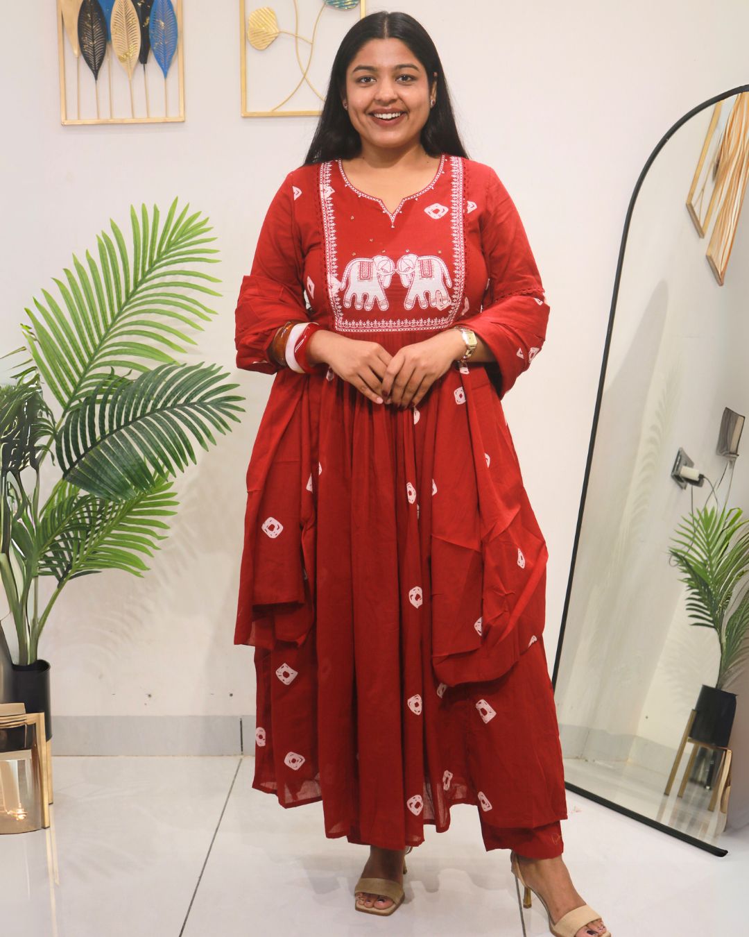 Crimson Bandhej A-Line Set with Dupatta