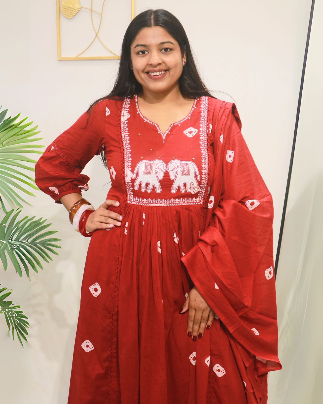 Crimson Bandhej A-Line Set with Dupatta