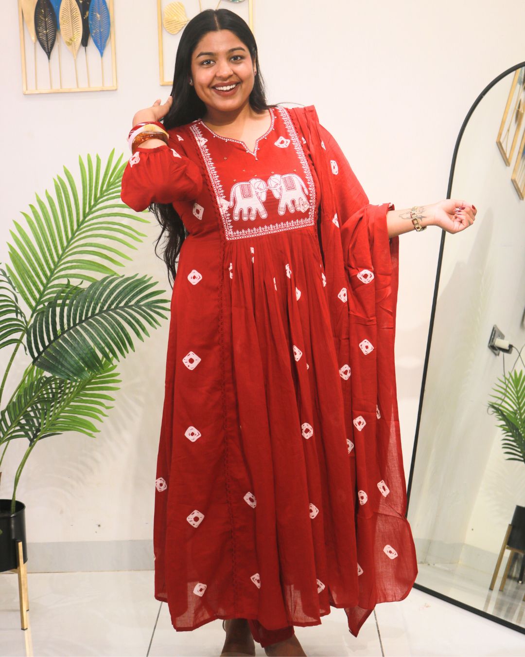 Crimson Bandhej A-Line Set with Dupatta