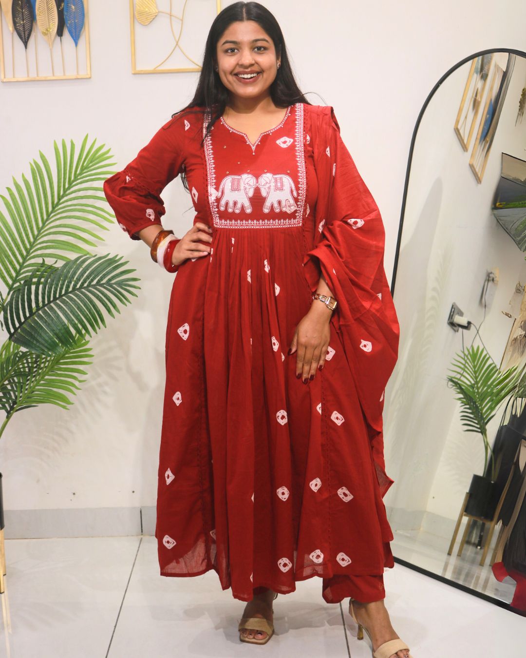 Crimson Bandhej A-Line Set with Dupatta