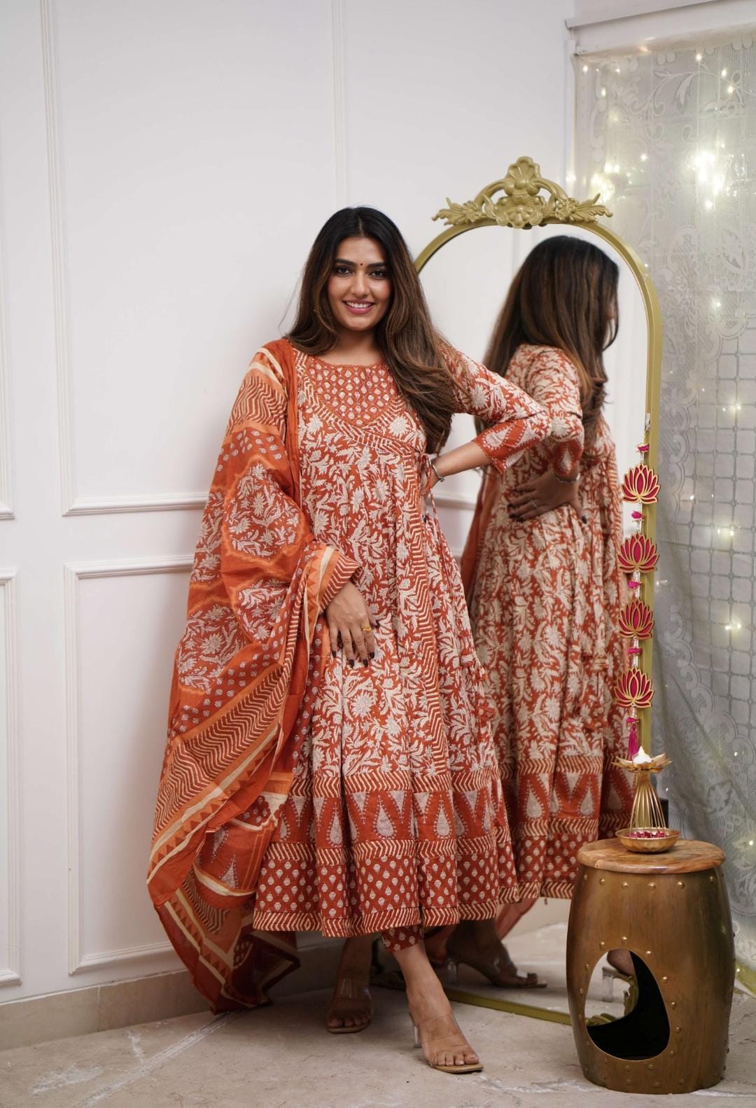 Rust Orange Handblock Cotton Anarkali Set with Dupatta