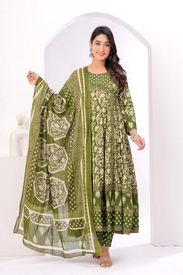 Olive Green Handblock Anarkali Set